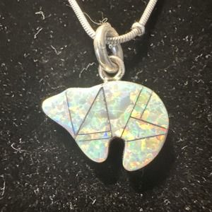 Southwest Sterling Silver Opal Inlay Bear 22” Necklace W Pendant